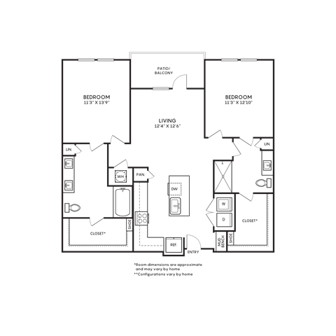 Floor plan for 2 beds, 2 baths, 1110 sqft